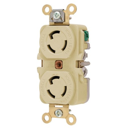 HUBBELL WIRING DEVICE-KELLEMS Locking Devices, Twist-Lock®, Industrial, Duplex Receptacle, 15A 125V, 2-Pole 3-Wire Grounding, L5-15R, Screw Terminal, Ivory HBL4700I